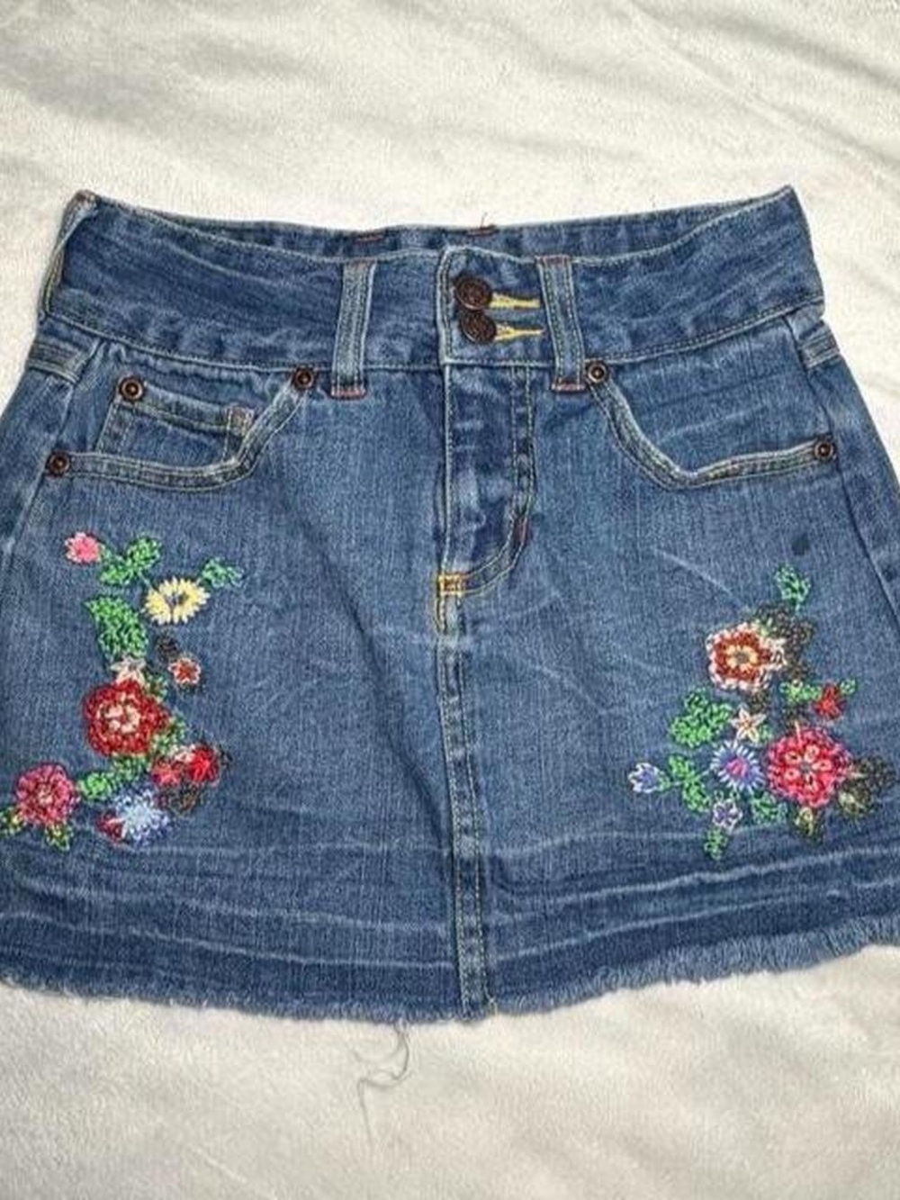 Embroidered Floral Denim Mini Skirt - Blue